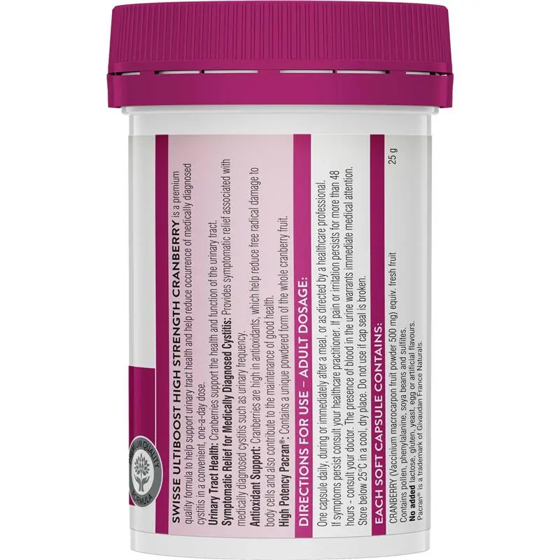Swisse Ultiboost High Strength Cranberry 30 Capsules bottle packaging, urinary tract support supplement, cranberry extract capsules from Swisse Australia