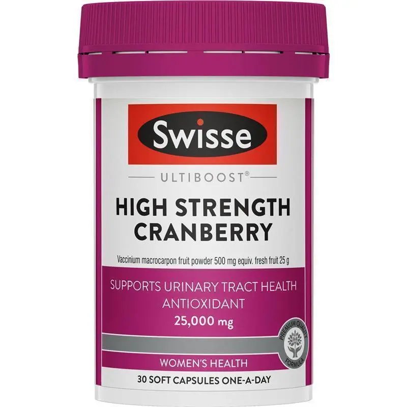 Swisse Ultiboost High Strength Cranberry 30 Capsules bottle packaging, urinary tract support supplement, cranberry extract capsules from Swisse Australia