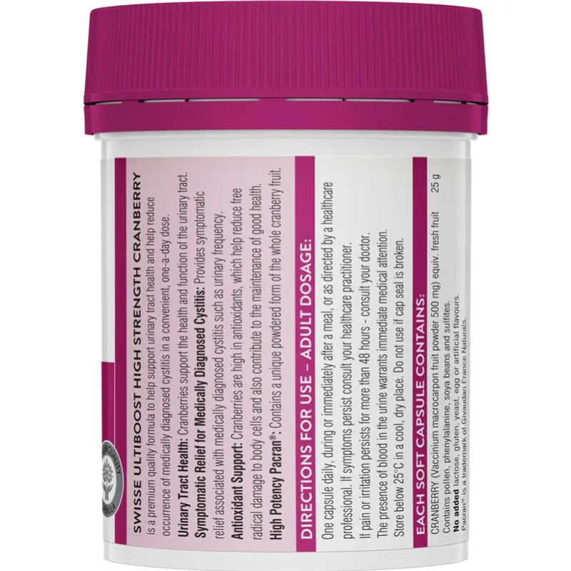 Swisse Ultiboost High Strength Cranberry 90 Capsules Australian cranberry supplement with PACRAN® to support urinary tract and bladder health.