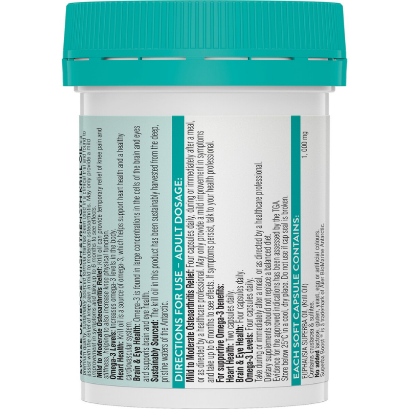 Swisse Ultiboost High Strength Deep Sea Krill Oil 1000mg 30 Capsules bottle packaging, omega-3 fish oil supplement for heart brain and joint support, Swisse Australia krill oil container