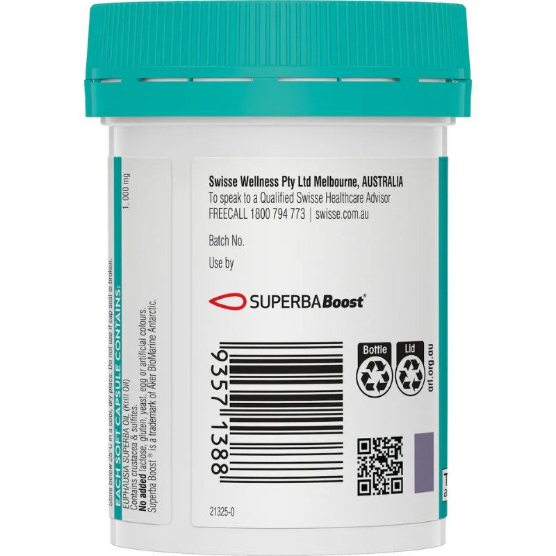 Swisse Ultiboost High Strength Deep Sea Krill Oil 1000mg 30 Capsules bottle packaging, omega-3 fish oil supplement for heart brain and joint support, Swisse Australia krill oil container