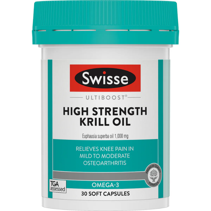 Swisse Ultiboost High Strength Deep Sea Krill Oil 1000mg 30 Capsules bottle packaging, omega-3 fish oil supplement for heart brain and joint support, Swisse Australia krill oil container