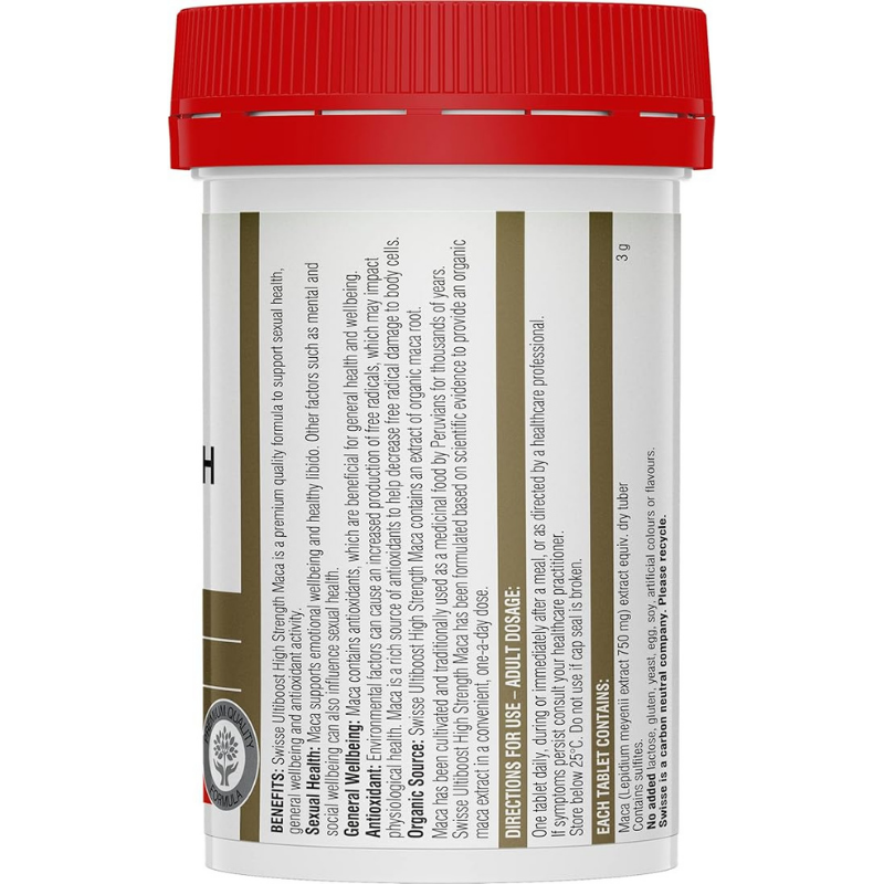 Swisse Ultiboost High Strength Maca 60 Tablets bottle packaging, herbal energy and vitality supplement, maca extract capsules Swisse Australia container