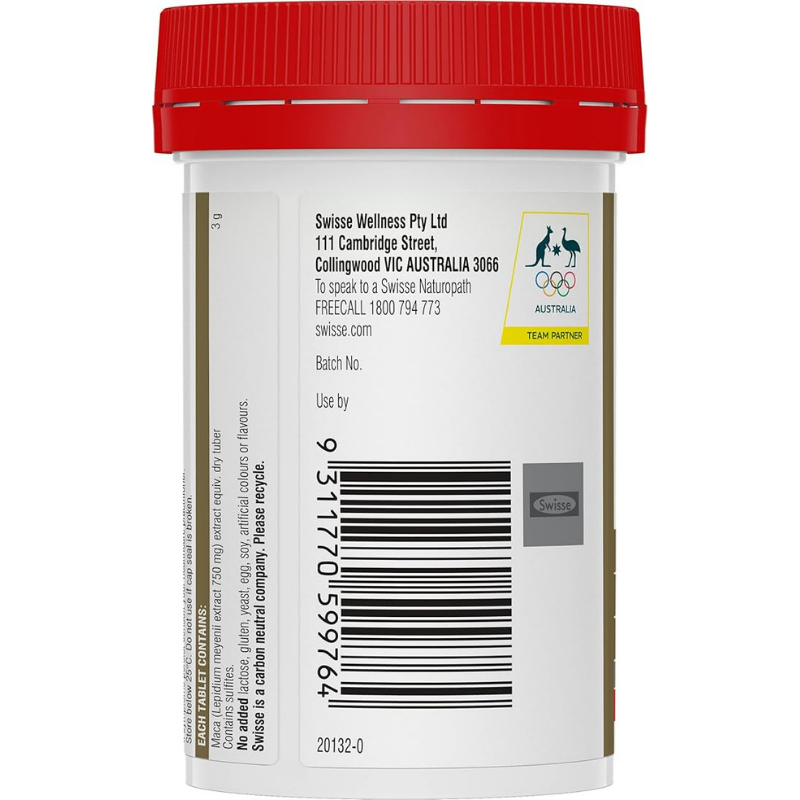Swisse Ultiboost High Strength Maca 60 Tablets bottle packaging, herbal energy and vitality supplement, maca extract capsules Swisse Australia container