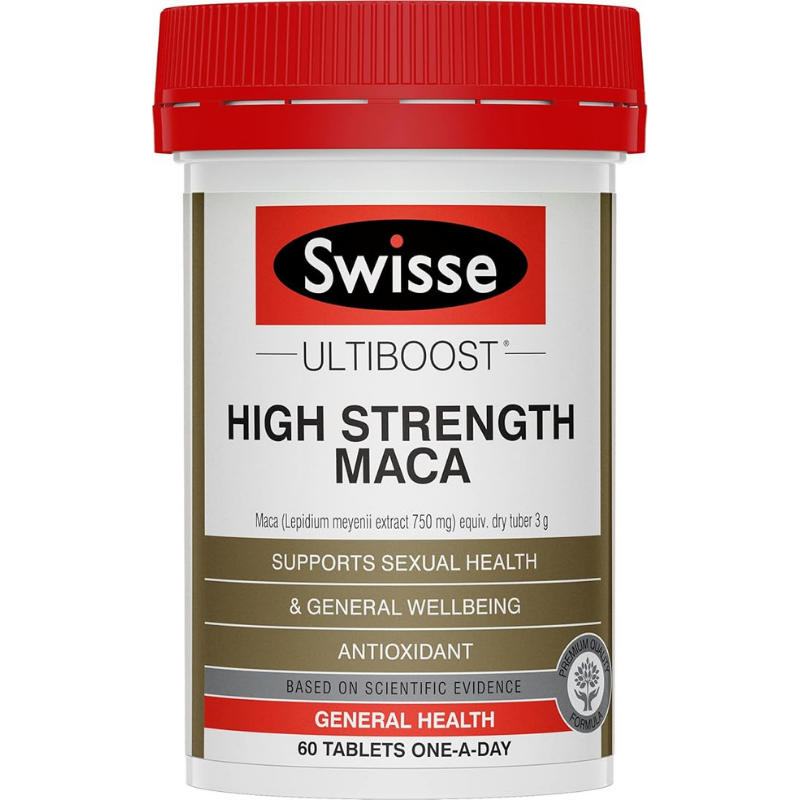 Swisse Ultiboost High Strength Maca 60 Tablets bottle packaging, herbal energy and vitality supplement, maca extract capsules Swisse Australia container