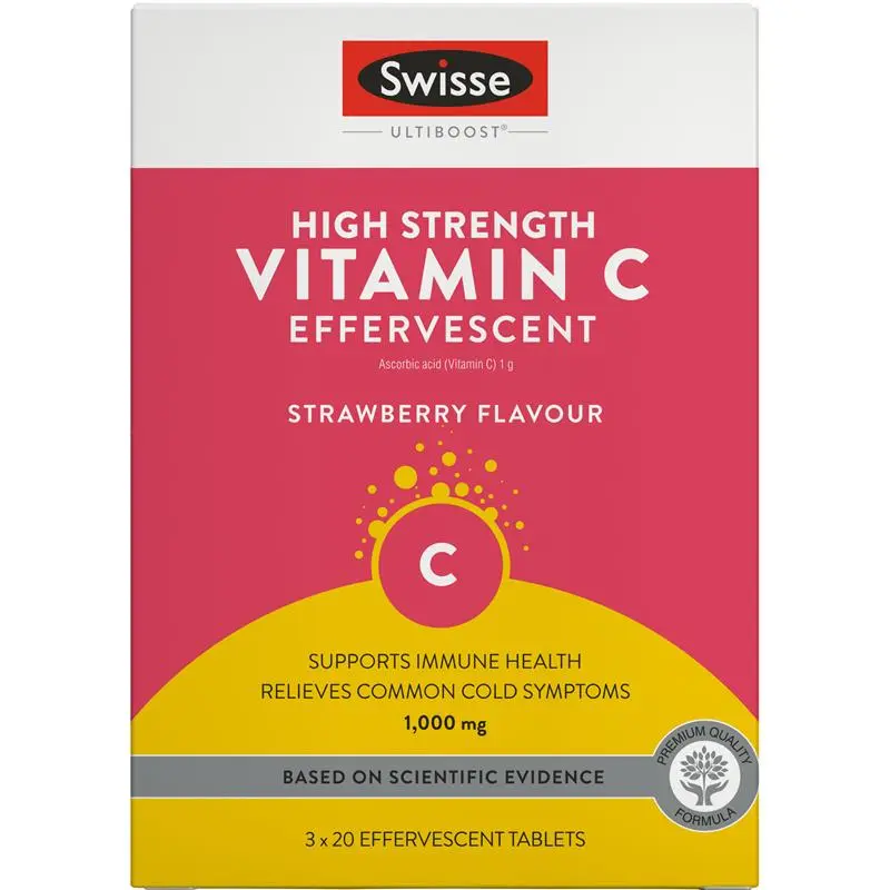 Swisse Ultiboost High Strength Vitamin C Effervescent 60 Tablets tube packaging, immune support vitamin C supplement, effervescent tablets from Swisse Australia
