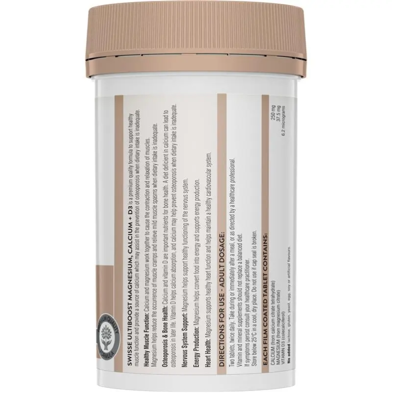 Swisse Ultiboost Magnesium Calcium + Vitamin D3 120 Tablets for bone, muscle and nervous system support.