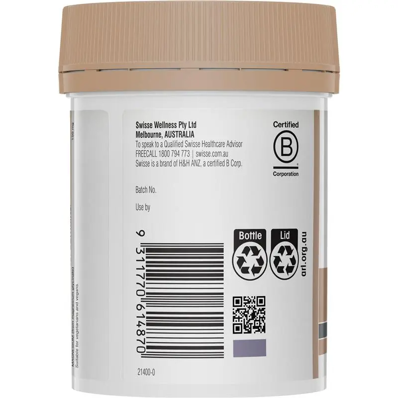 Swisse Ultiboost Magnesium Glycinate 120 Tablets bottle packaging for muscle support, relaxation and sleep supplement, Australian magnesium supplement container