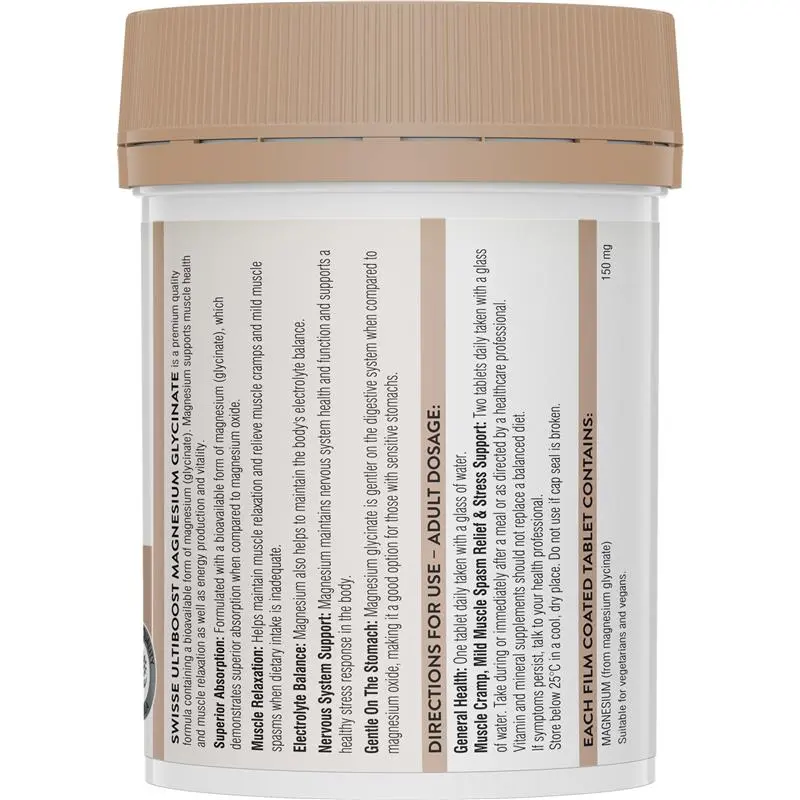 Swisse Ultiboost Magnesium Glycinate 120 Tablets bottle packaging for muscle support, relaxation and sleep supplement, Australian magnesium supplement container