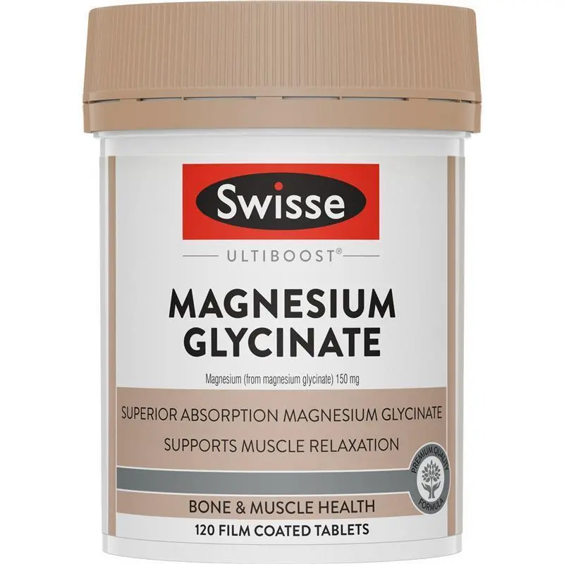 Swisse Ultiboost Magnesium Glycinate 120 Tablets bottle packaging for muscle support, relaxation and sleep supplement, Australian magnesium supplement container