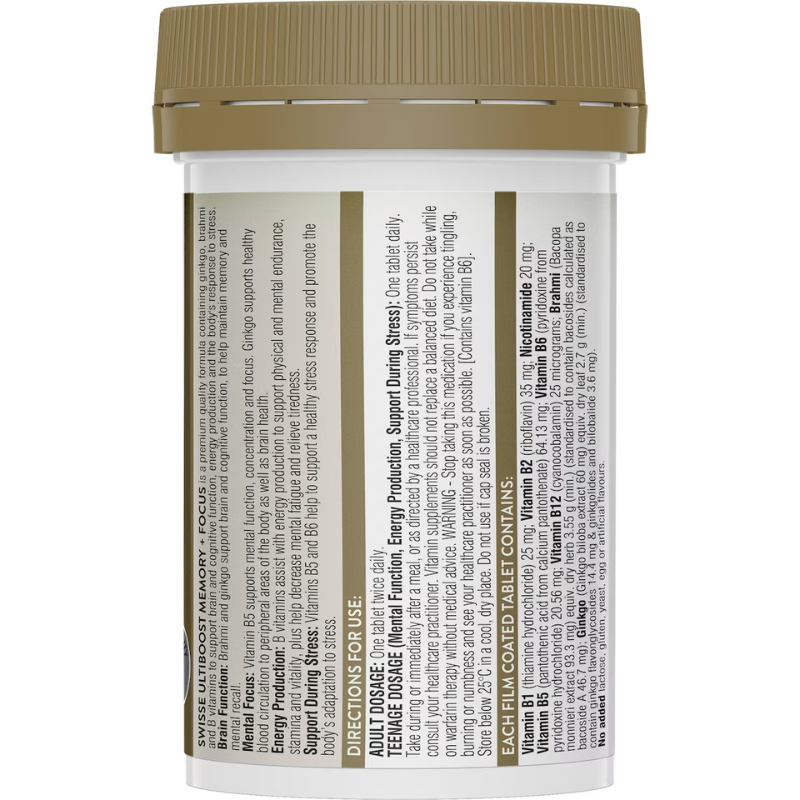 Swisse Ultiboost Memory + Focus 50 Tablets Australian brain health supplement with Ginkgo Biloba and Brahmi to support memory, focus and cognitive function.