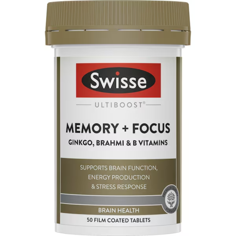 Swisse Ultiboost Memory + Focus 50 Tablets Australian brain health supplement with Ginkgo Biloba and Brahmi to support memory, focus and cognitive function.