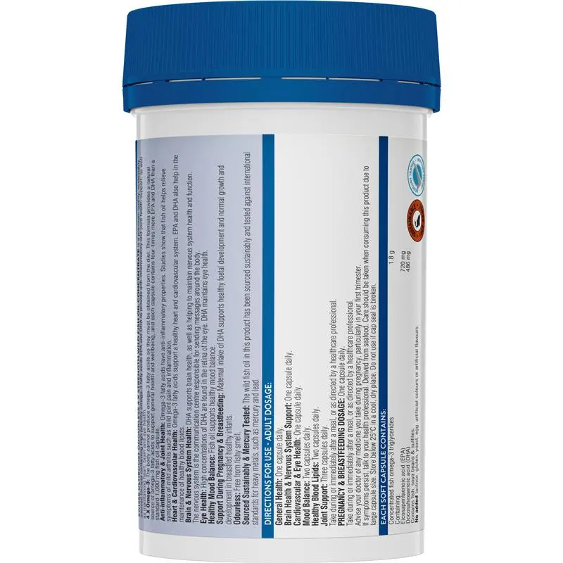Swisse Ultiboost Odourless 4X Strength Wild Fish Oil 60 Capsules high strength omega 3 supplement with EPA and DHA