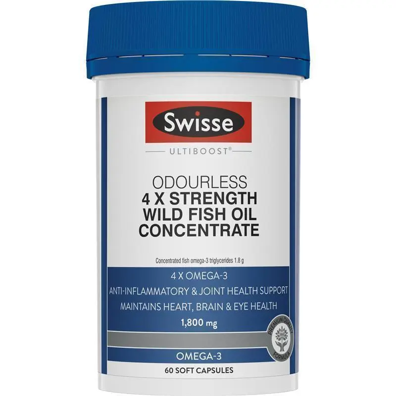 Swisse Ultiboost Odourless 4X Strength Wild Fish Oil 60 Capsules high strength omega 3 supplement with EPA and DHA