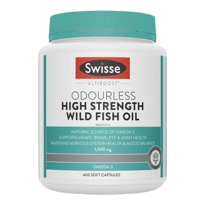 Swisse Ultiboost Odourless High Strength Wild Fish Oil 1500mg 400 Capsules Australian omega-3 fish oil supplement for heart, brain and eye health.
