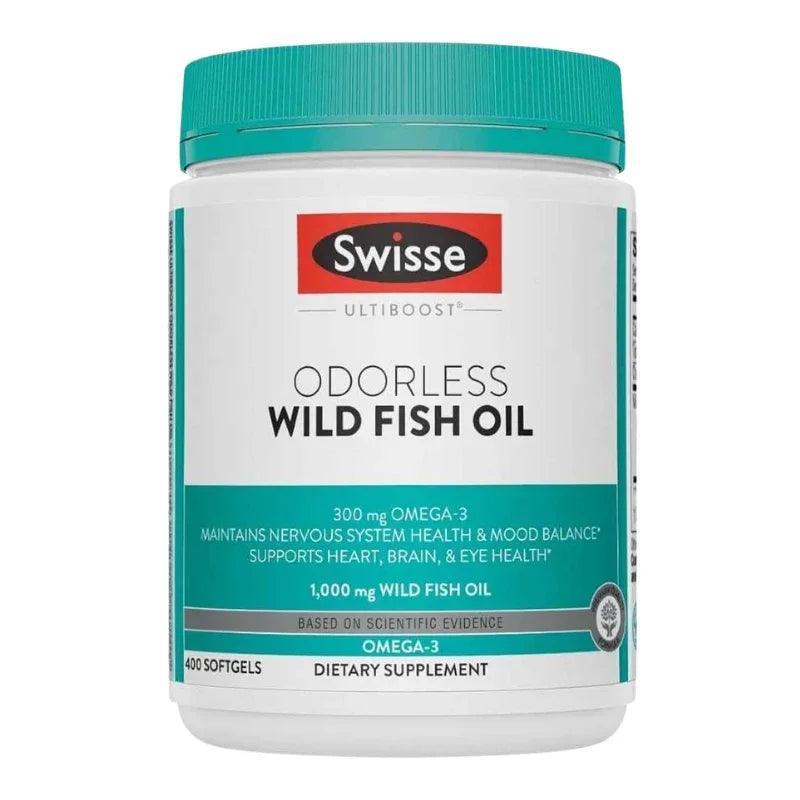 Swisse Ultiboost Odourless Wild Fish Oil 1000mg 400 Capsules Australian omega-3 fish oil supplement for heart, brain and eye health.