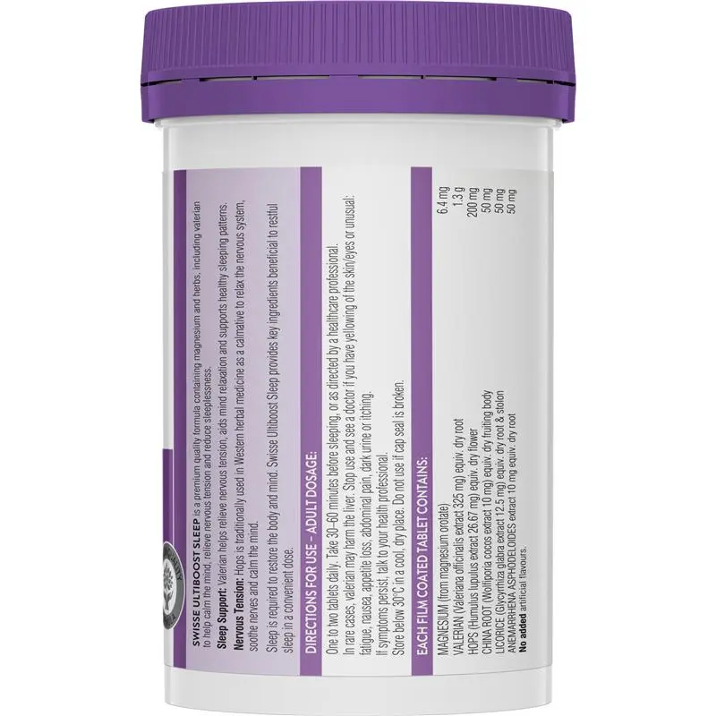 Swisse Ultiboost Sleep 100 Tablets bottle packaging, sleep support supplement for relaxation and restful sleep, Australian Swisse wellness product container