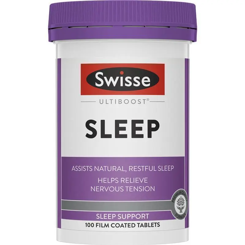 Swisse Ultiboost Sleep 100 Tablets bottle packaging, sleep support supplement for relaxation and restful sleep, Australian Swisse wellness product container