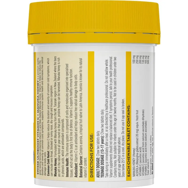Swisse Ultiboost Vitamin C Plus Manuka Honey 120 Tablets vitamin C supplement with New Zealand Manuka honey