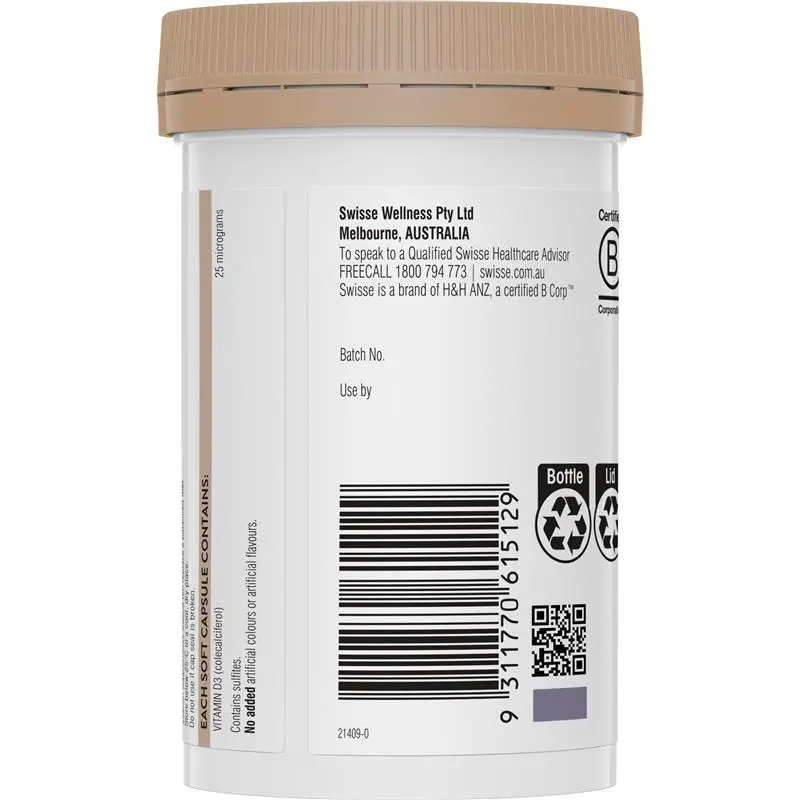 Swisse Ultiboost Vitamin D 400 Capsules Australian Vitamin D3 1000IU supplement for bone, muscle and immune health support.