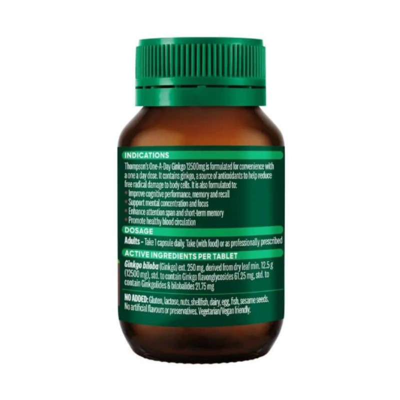 Thompson’s Ginkgo 6000mg 60 capsules herbal supplement supporting memory, brain function and healthy blood circulation.