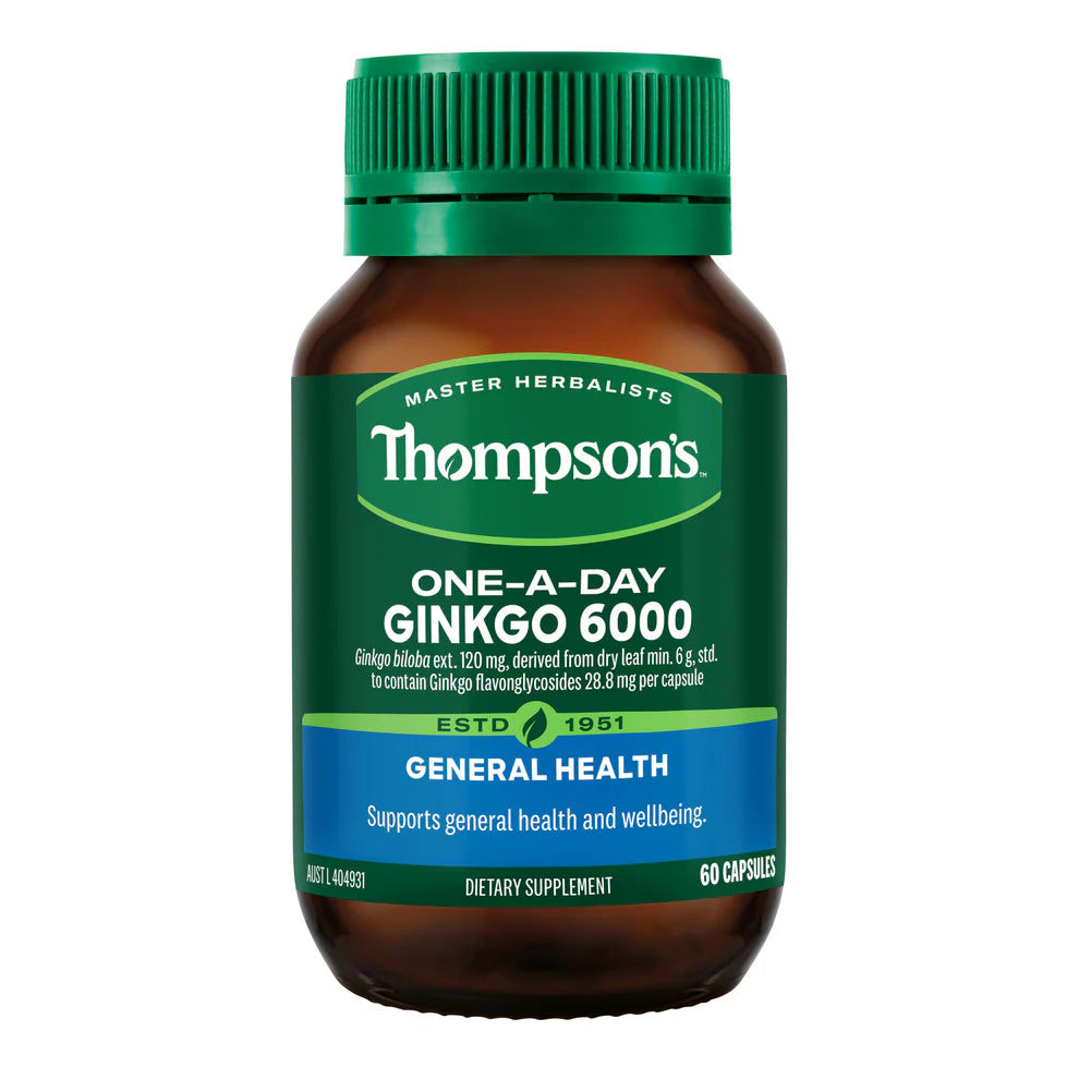 Thompson’s Ginkgo 6000mg 60 capsules herbal supplement supporting memory, brain function and healthy blood circulation.