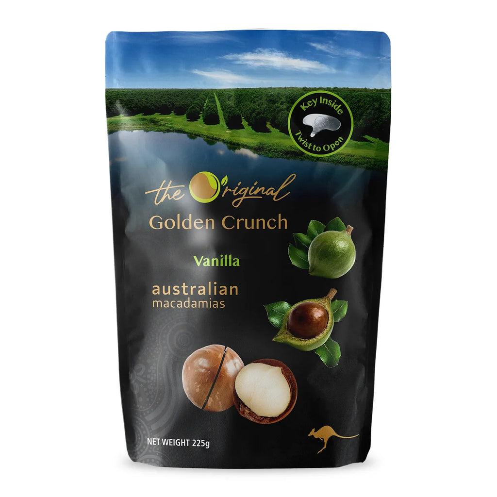 Happy Nut Macadamias 225g premium Australian macadamia nuts with a rich buttery flavour, perfect for healthy snacking and everyday enjoyment.