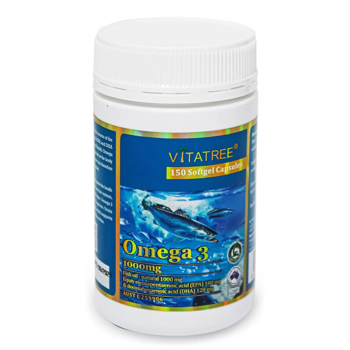 A white plastic bottle of VITATREE Omega 3 1000mg softgel capsules, featuring a blue label with an underwater fish illustration and gold accents, set against a plain white background.