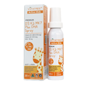 Vitatreed Active Kids D3 K2 MK7 Plus DHA Spray bottle and packaging box, featuring a white bottle with an orange and green label and a giraffe illustration, next to its matching cardboard box.