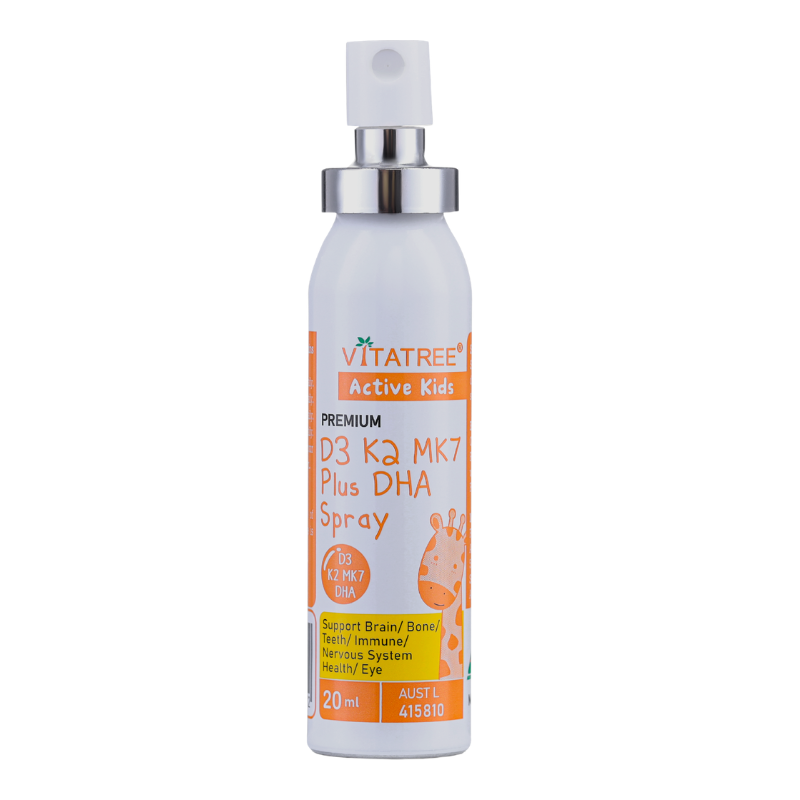 Vitatree Active Kids D3 K2 MK7 Plus DHA Spray in a 20ml white plastic bottle with a silver spray nozzle and orange label accents.
