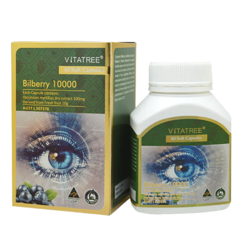 Vitatree Bilberry 10000mg 60 capsules premium Australian supplement formulated to support eye health, vision, and antioxidant protection with high-strength bilberry extract.