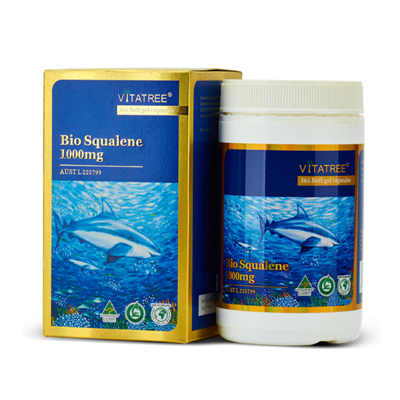 Vitatree Bio Squalene 365 softgel capsules premium Australian shark liver squalene supplement formulated to support skin health, oxygenation, metabolism, and overall wellbeing.