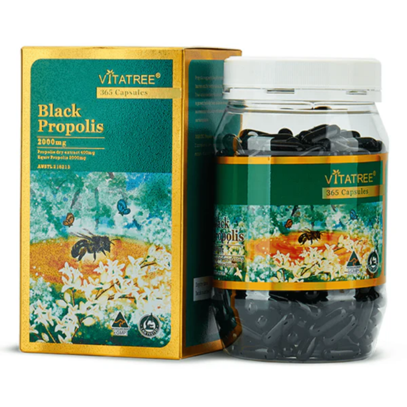 Vitatree Black Propolis 2000mg 365 capsules premium Australian bee propolis supplement formulated to support immune system health, antioxidant protection, and overall wellbeing.