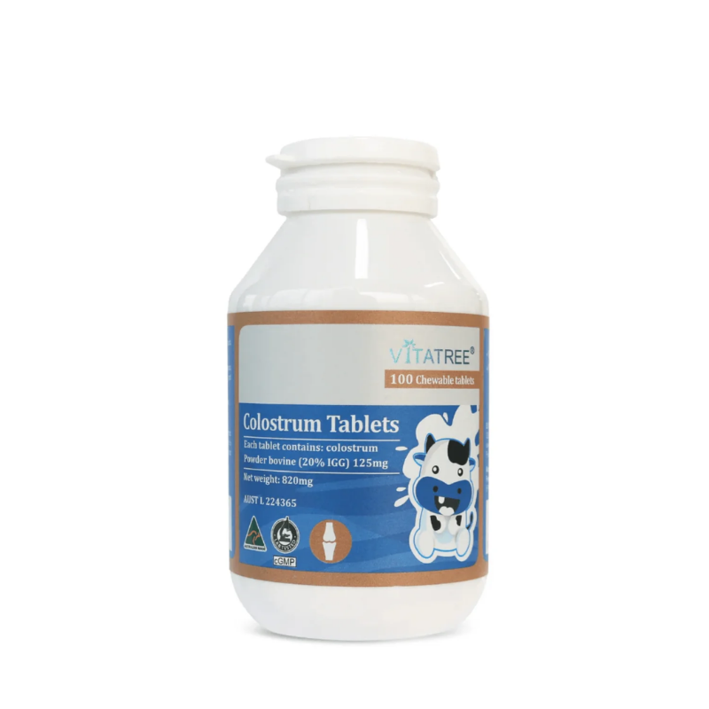 Vitatree Colostrum 820mg 100 chewable tablets immune support supplement made from bovine colostrum to support immunity, gut health, and general wellbeing.