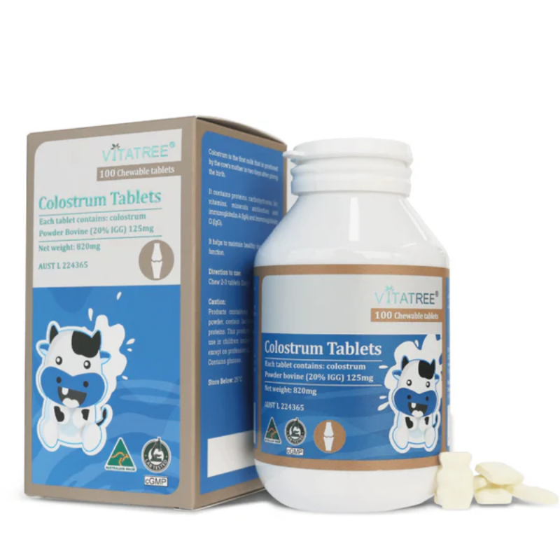 Vitatree Colostrum 820mg 100 chewable tablets immune support supplement made from bovine colostrum to support immunity, gut health, and general wellbeing.