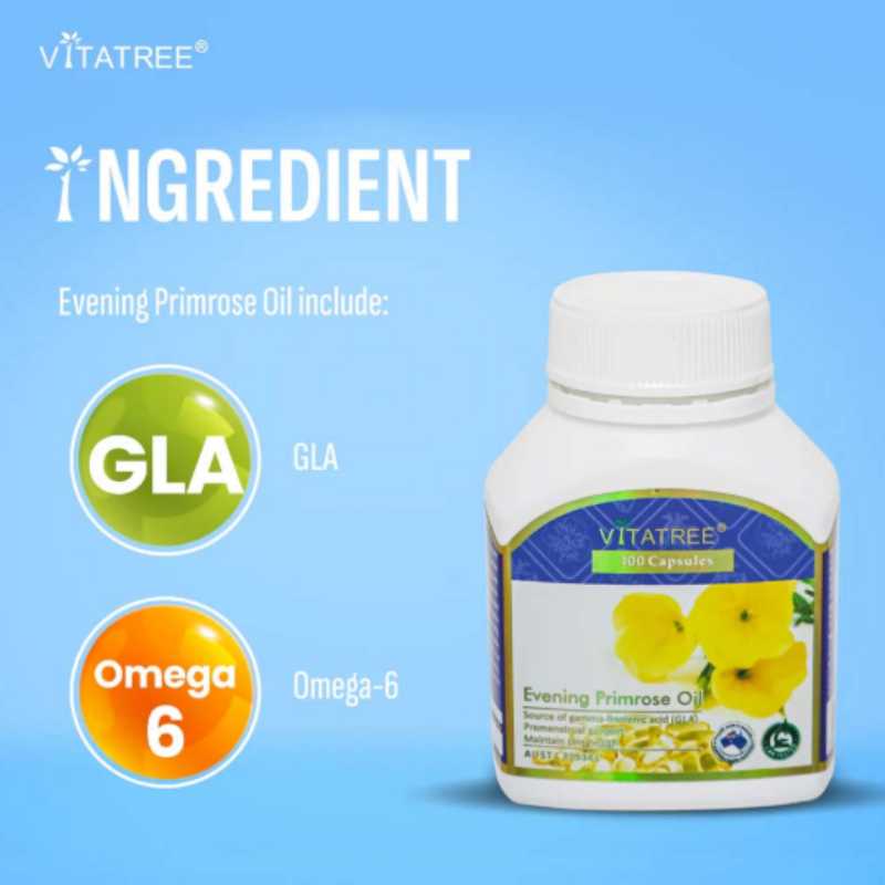 Vitatree Evening Primrose Oil 100 Capsules omega-6 supplement for women’s health, supporting skin hydration, hormonal balance, and general wellbeing in daily softgel form.