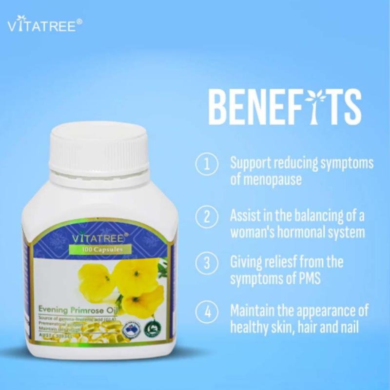 Vitatree Evening Primrose Oil 100 Capsules omega-6 supplement for women’s health, supporting skin hydration, hormonal balance, and general wellbeing in daily softgel form.