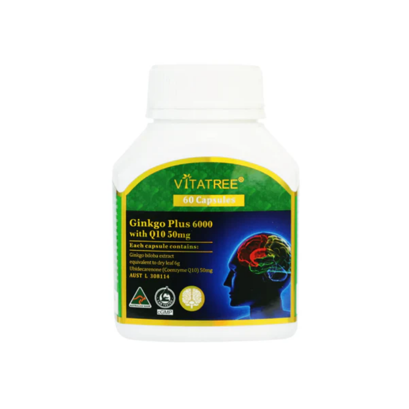 Vitatree Ginkgo Plus 6000 with CoQ10 50mg 60 capsules Australian supplement with Ginkgo Biloba and Coenzyme Q10 to support memory, cognitive function, healthy circulation, energy production, and antioxidant protection.