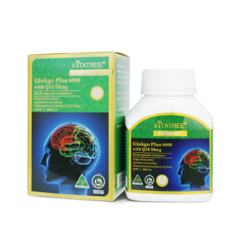 Vitatree Ginkgo Plus 6000 with CoQ10 50mg 60 capsules Australian supplement with Ginkgo Biloba and Coenzyme Q10 to support memory, cognitive function, healthy circulation, energy production, and antioxidant protection.