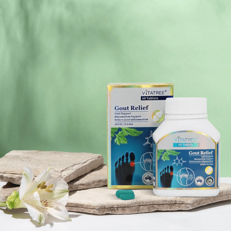 Vitatree Gout Relief 60 Tablets herbal joint support supplement designed to help maintain healthy uric acid balance, joint comfort, and mobility in daily wellness use.