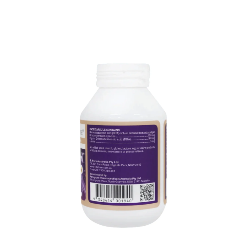 Vitatree Kids High Strength DHA Algae Oil Plus Lutein 60 capsules children's supplement with plant-based DHA and lutein to support brain development, eye health, vision, and healthy growth.