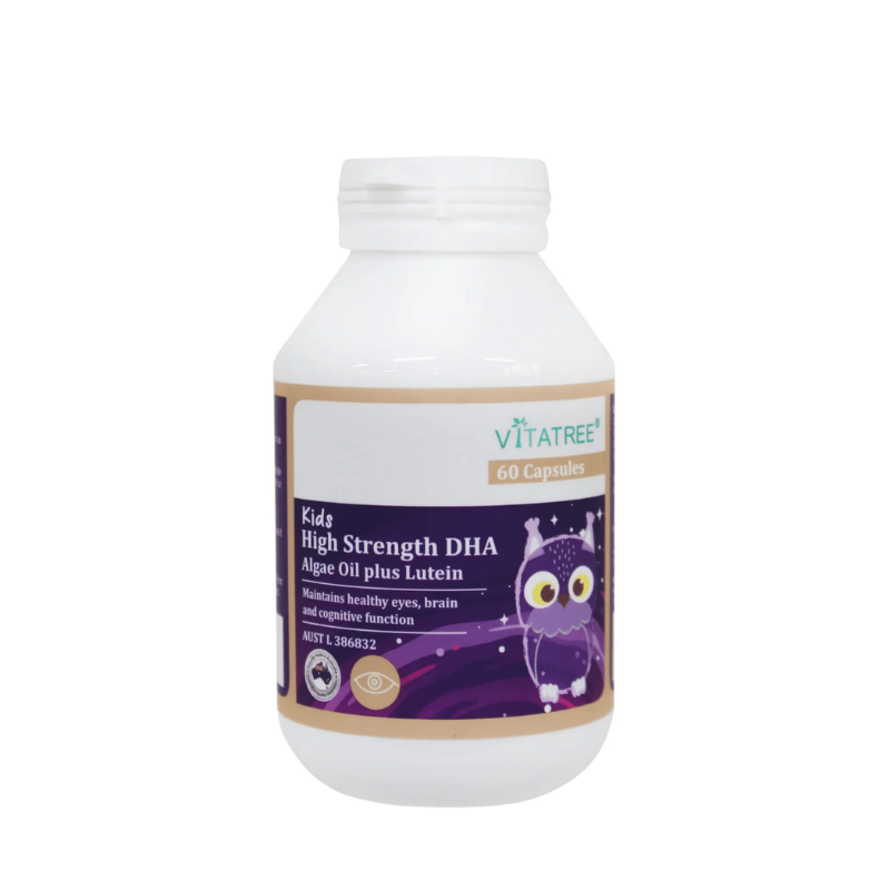 Vitatree Kids High Strength DHA Algae Oil Plus Lutein 60 capsules children's supplement with plant-based DHA and lutein to support brain development, eye health, vision, and healthy growth.