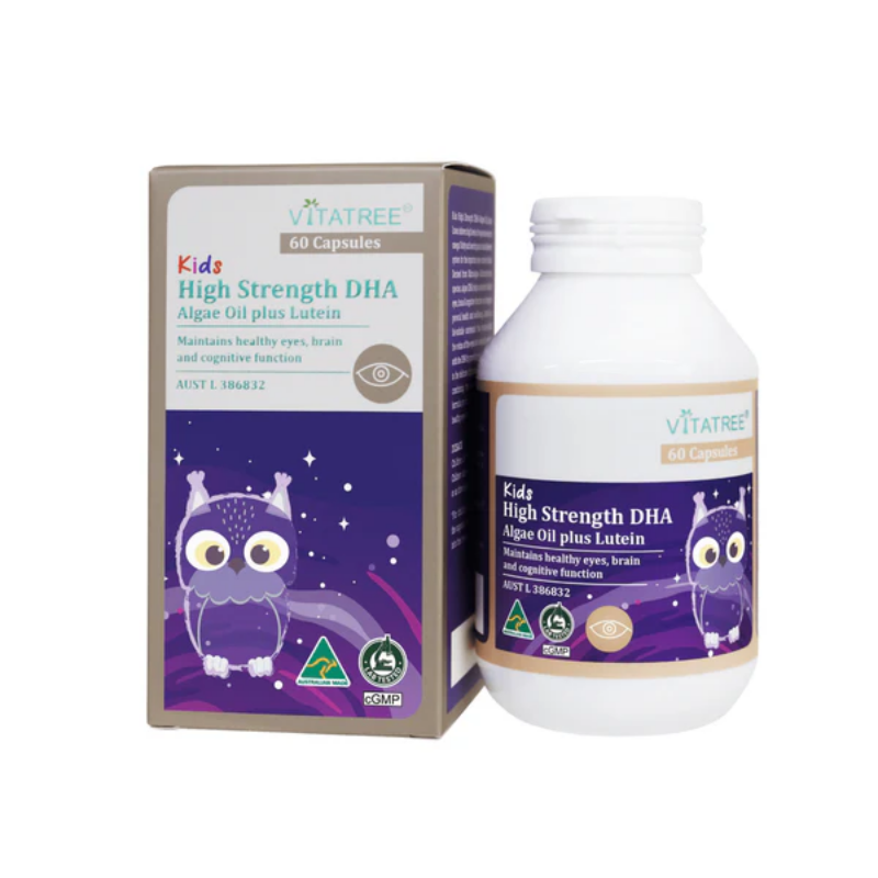 Vitatree Kids High Strength DHA Algae Oil Plus Lutein 60 capsules children's supplement with plant-based DHA and lutein to support brain development, eye health, vision, and healthy growth.