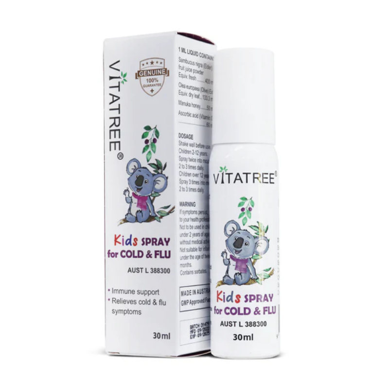 Vitatree Kids Spray for Cold & Flu 30ml children's oral spray formulated to support immune system health, respiratory wellbeing, and seasonal wellness in kids.