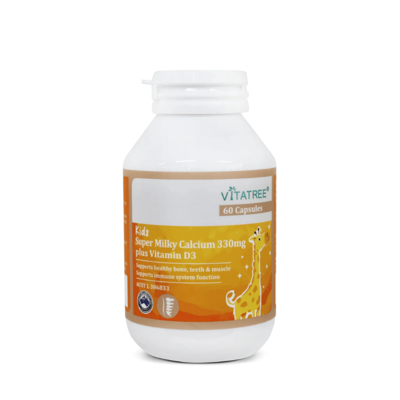 Vitatree Kids Super Milky Calcium 330mg plus Vitamin D3 60 capsules children’s supplement supporting bone strength, teeth development, and healthy growth with calcium and vitamin D3.