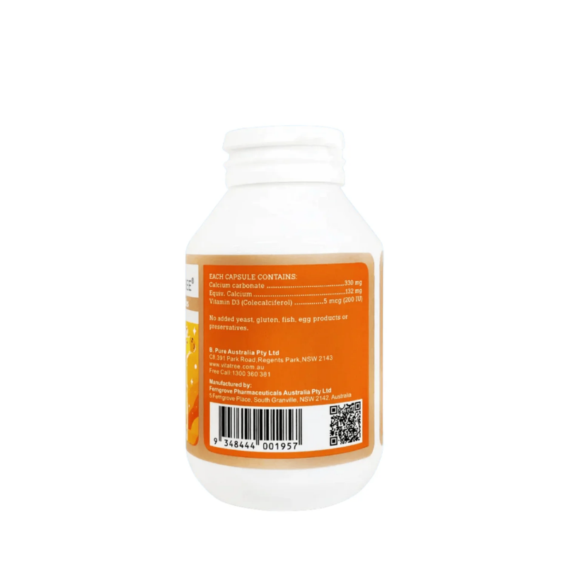 Vitatree Kids Super Milky Calcium 330mg plus Vitamin D3 60 capsules children’s supplement supporting bone strength, teeth development, and healthy growth with calcium and vitamin D3.