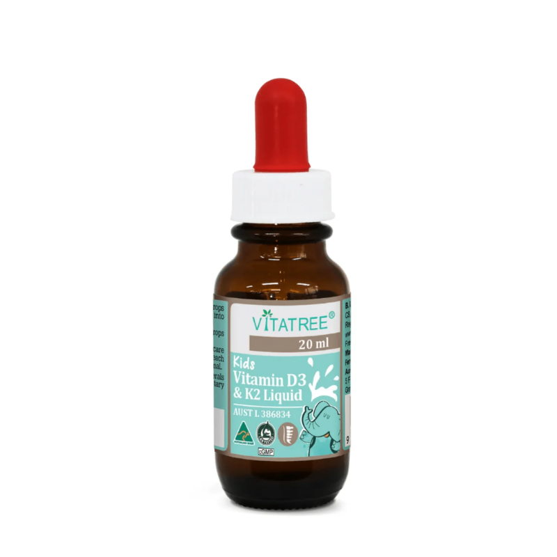 Vitatree Kids Vitamin D3 & K2 Liquid 20ml children's vitamin supplement supporting healthy bone growth, calcium absorption, teeth development, and overall growth.