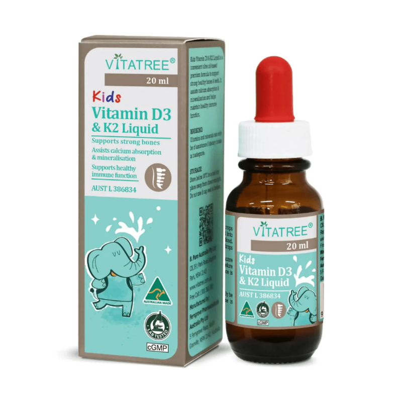 Vitatree Kids Vitamin D3 & K2 Liquid 20ml children's vitamin supplement supporting healthy bone growth, calcium absorption, teeth development, and overall growth.