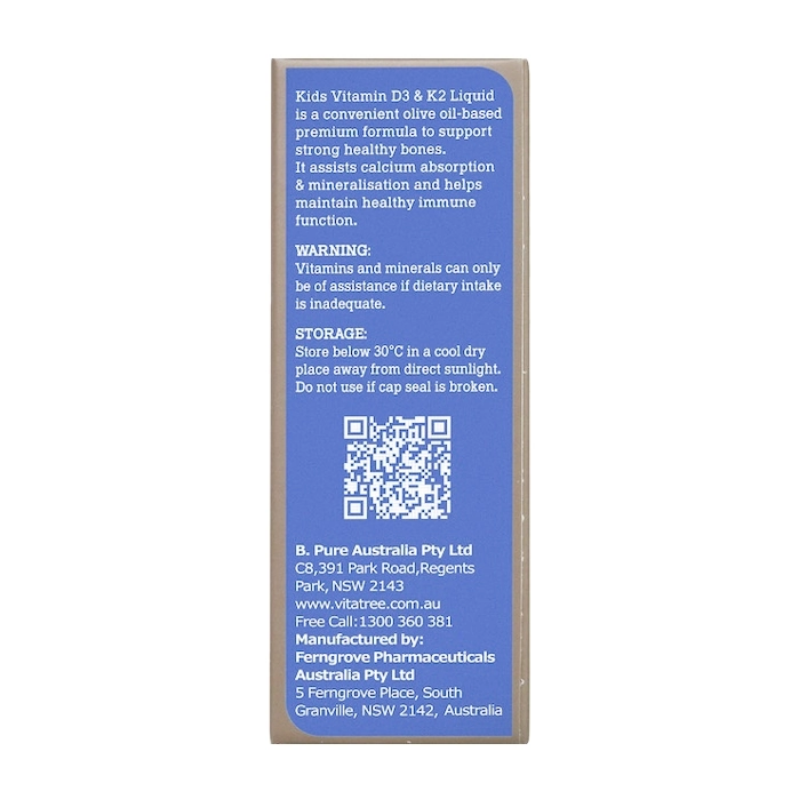 Vitatree Kids Vitamin D3 & K2 Liquid Spray 10ml children’s oral vitamin spray supporting bone growth, calcium absorption, teeth development, and overall healthy growth.