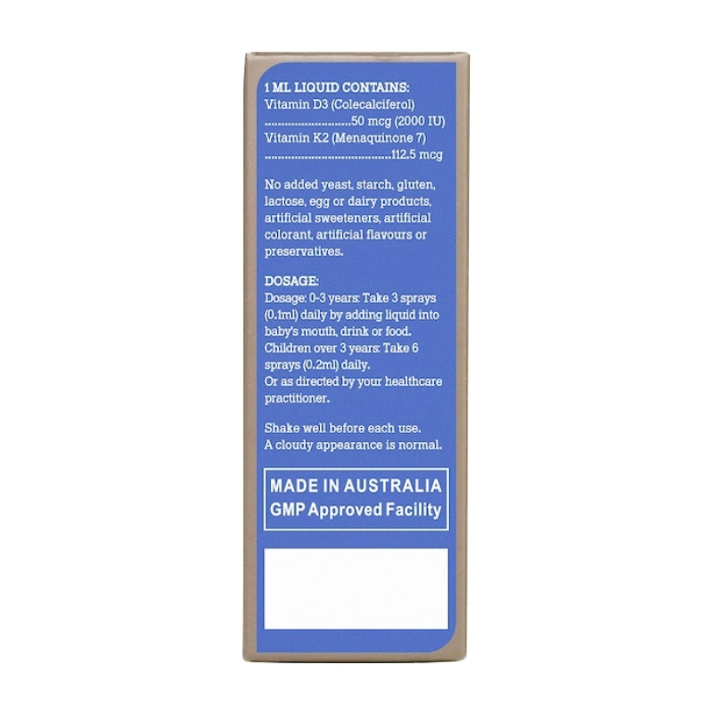Vitatree Kids Vitamin D3 & K2 Liquid Spray 10ml children’s oral vitamin spray supporting bone growth, calcium absorption, teeth development, and overall healthy growth.